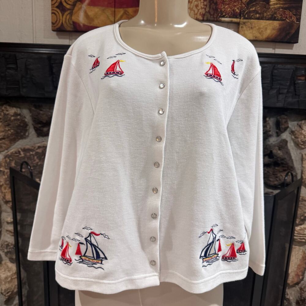 VTG Kenneth Too Nautical Cardigan Sweater Sailboat Embroidered Button sz P/L Y2K